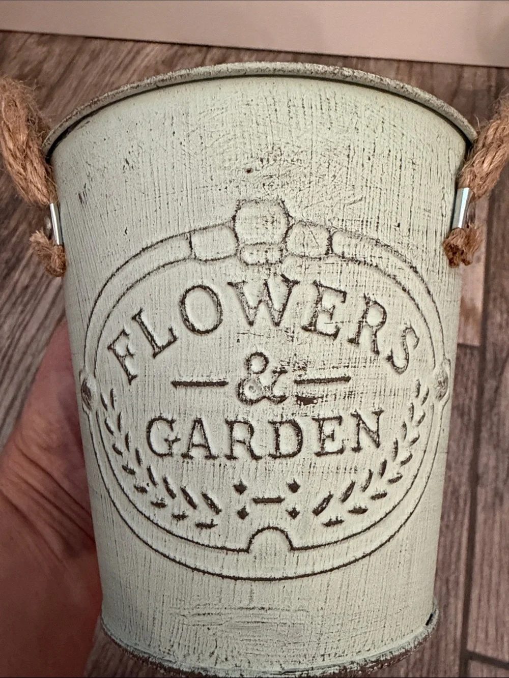 Set of 3 Light Green 'Flowers & Garden' Metal Buckets with Rope Handles